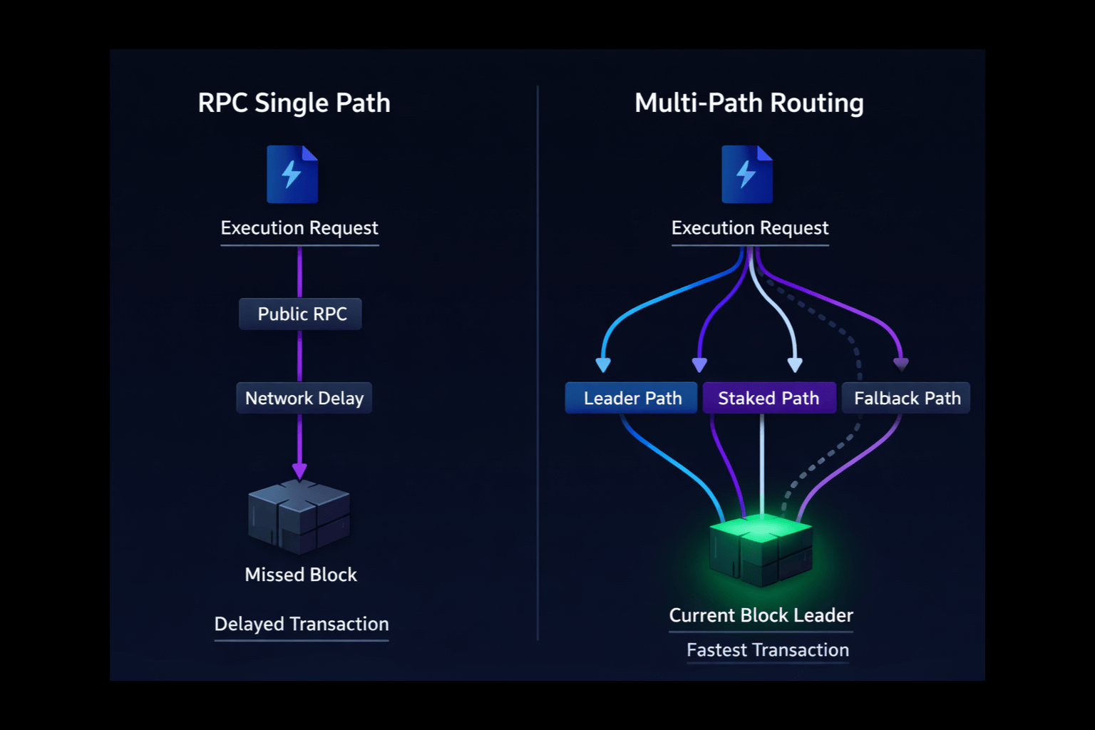 Solana transaction landing comparison between RPC single path and multi path validator routing
