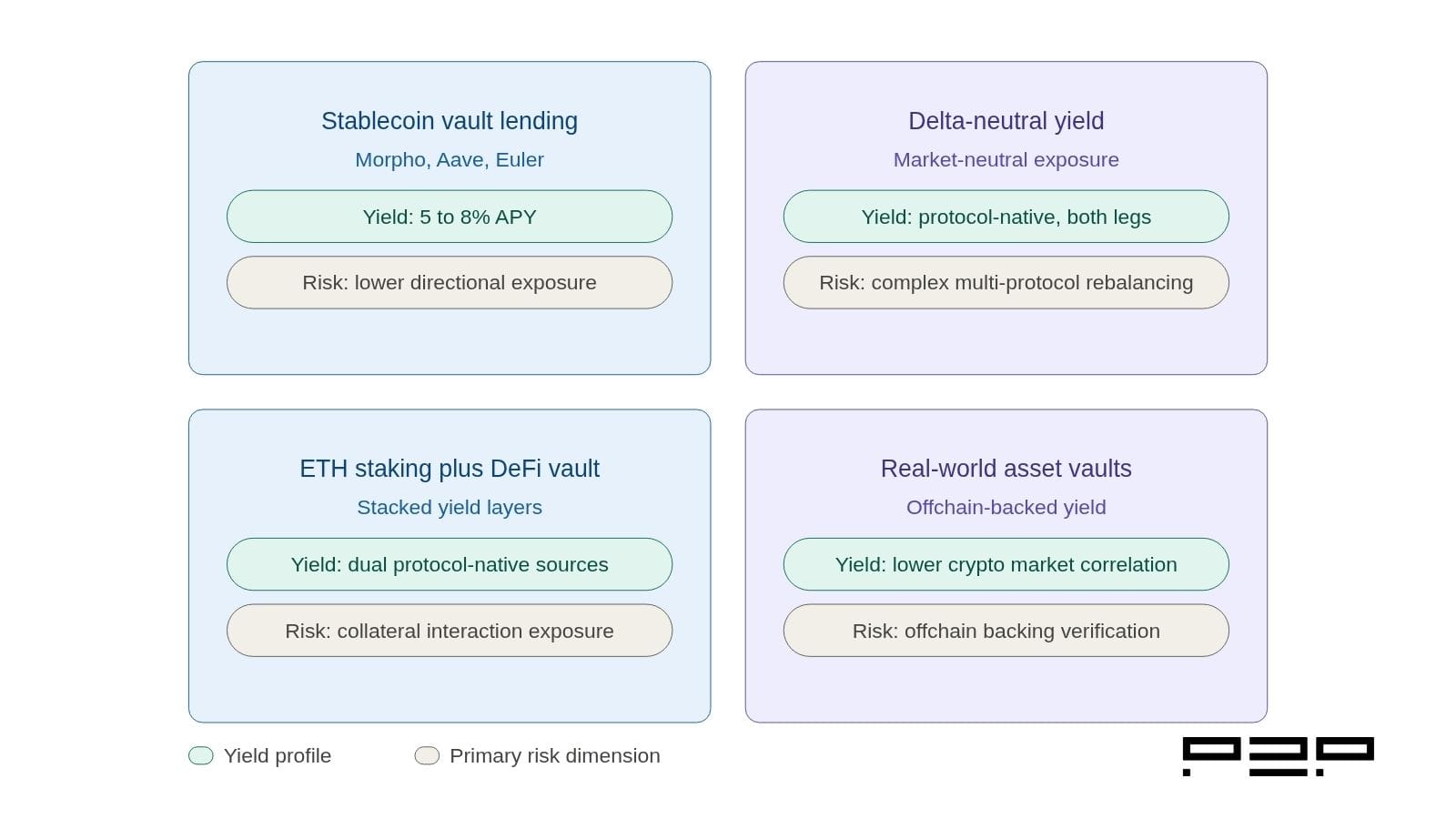 A two-by-two grid showing the four on-chain yield strategies hedge funds are pursuing in 2026. Stablecoin vault lending at 5 to 8 per cent APY with lower directional risk. Delta-neutral yield with market-neutral exposure and complex rebalancing risk. ETH liquid staking plus DeFi vault with dual yield sources and collateral interaction risk. Real-world asset vaults with lower crypto correlation and off-chain verification risk.