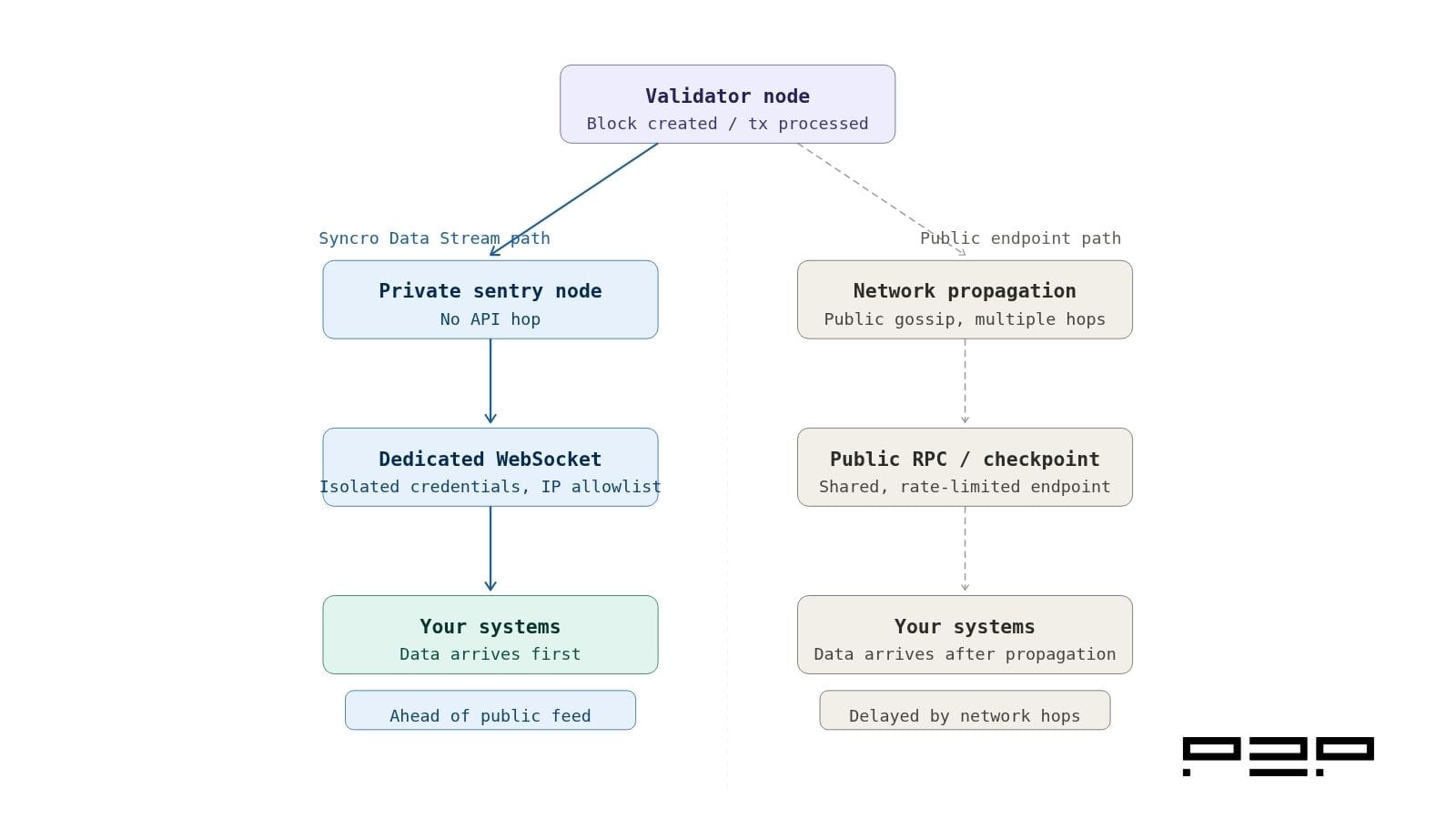 Diagram showing two data delivery paths from a validator node: the Syncro Data Stream path via private Sentry and dedicated WebSocket, and the public path via network gossip and shared RPC endpoint