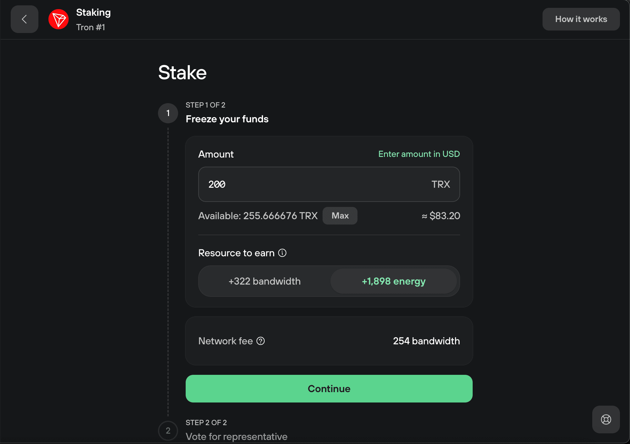 Trezor Suite stake form enters 200 TRX and selects energy as the resource to earn