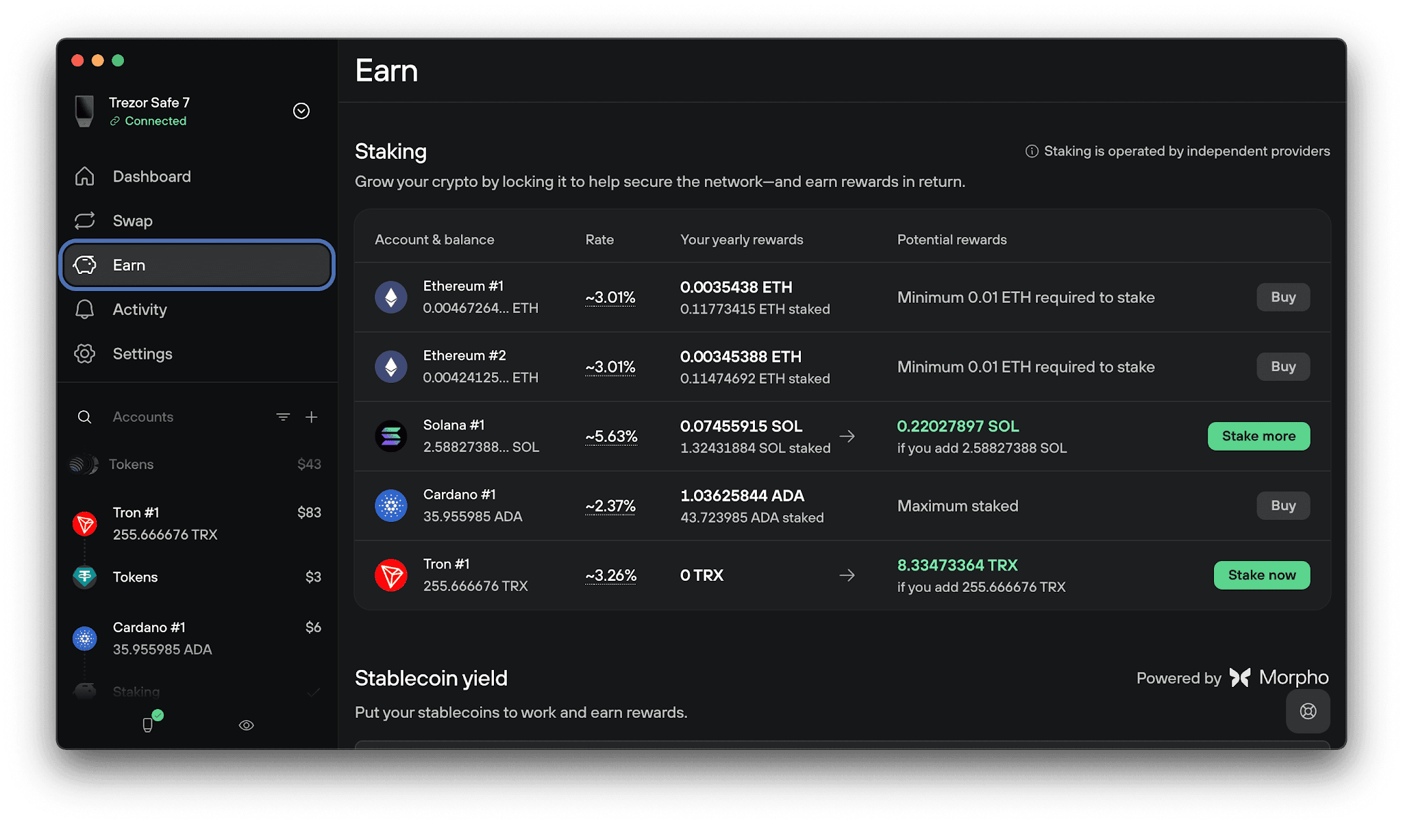 Trezor Suite Earn page lists Tron staking at 3.26% APR with a Stake now button