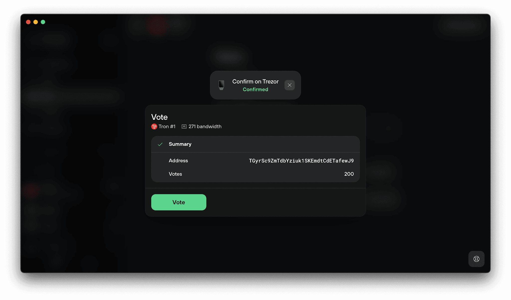Trezor confirmation summarizes 200 votes delegated to a Tron representative address