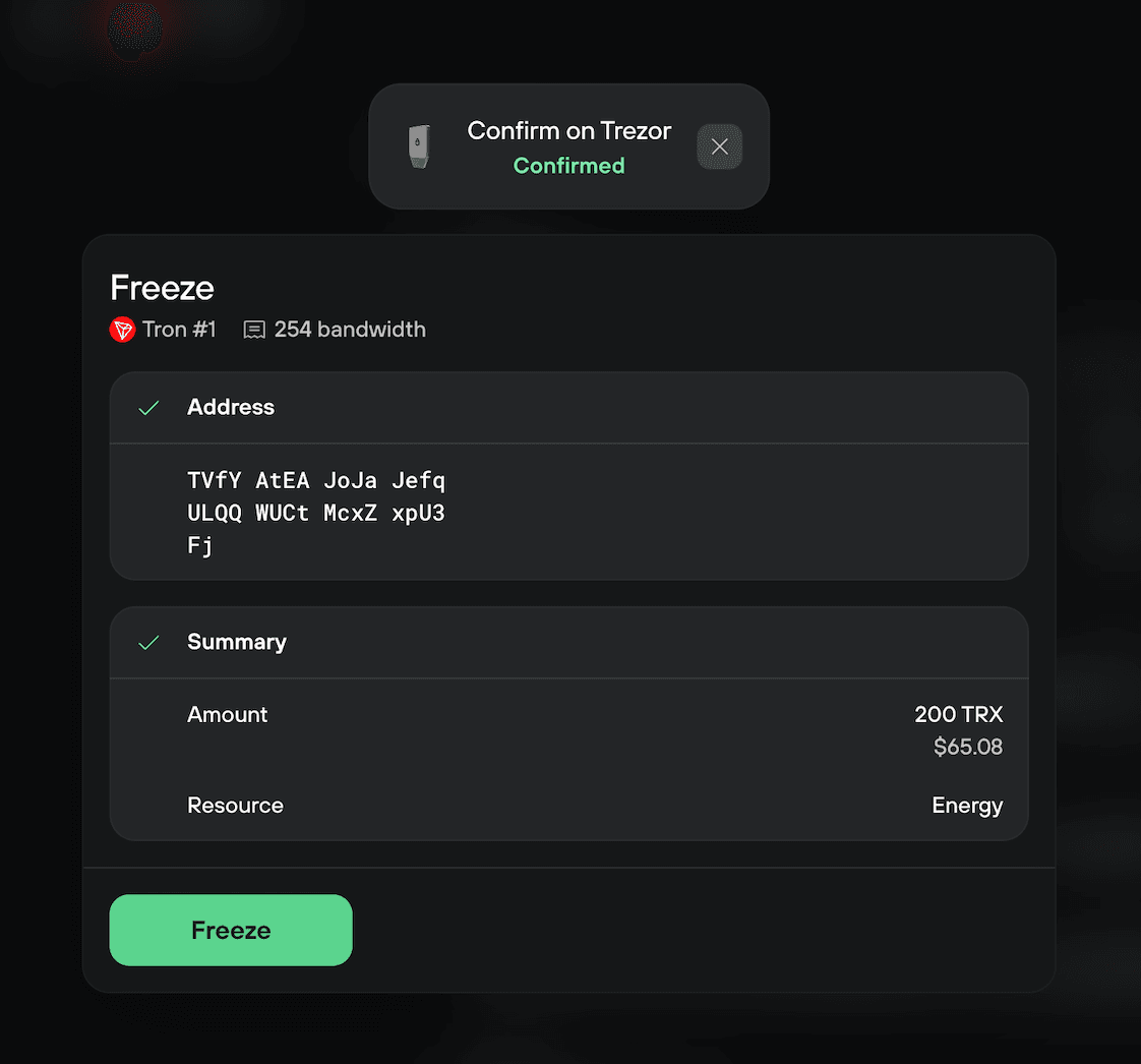 Trezor confirmation shows freezing 200 TRX for energy on the Tron account