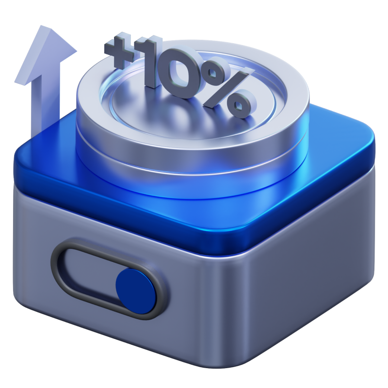 The image is a 3D rendering of a symbolic blue and silver coin with "+10%" and an upward arrow, representing a financial interest increase.